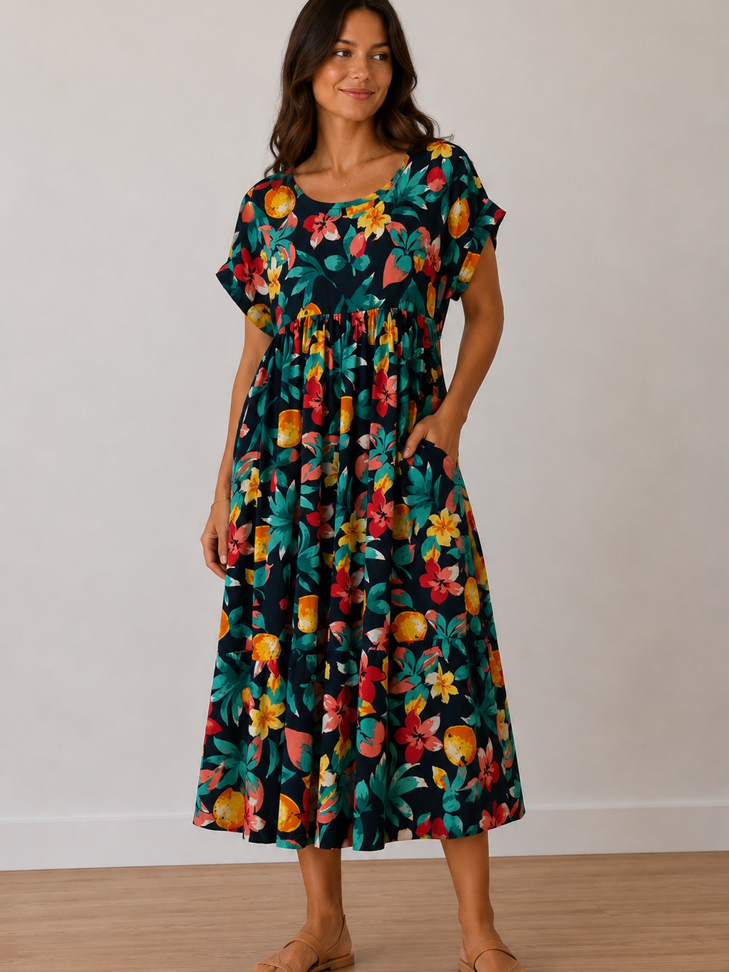 Tropical Fruit Print Tiered Midi Dress Ultimate Summer Size M